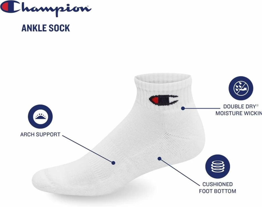 Champion Men's Moisture-Wicking Ankle Socks – 6, 8, 12 Pack Options for Breathable Comfort