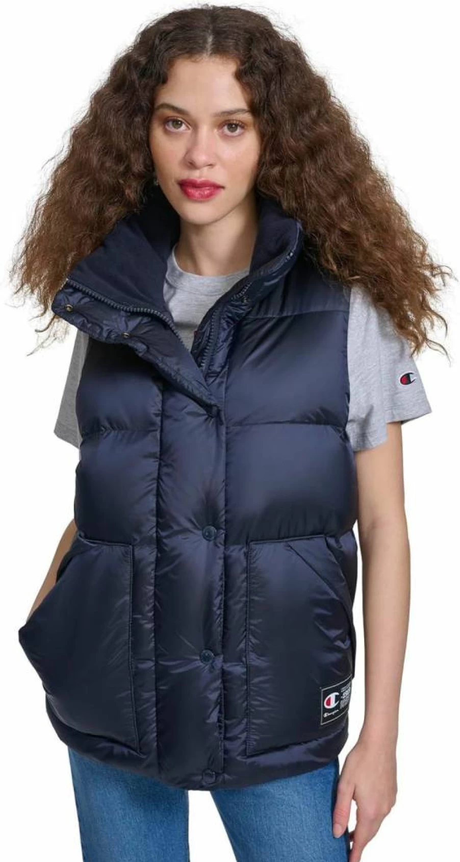 Champion Women's Stand Collar Satin Quilted Puffer Vest - Lightweight Winter Jacket
