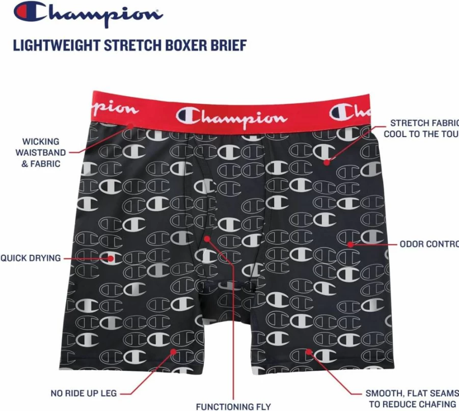 Champion Men's Active Flex 3-Pack Boxer Briefs - Lightweight, Stretch Comfort for Everyday Wear