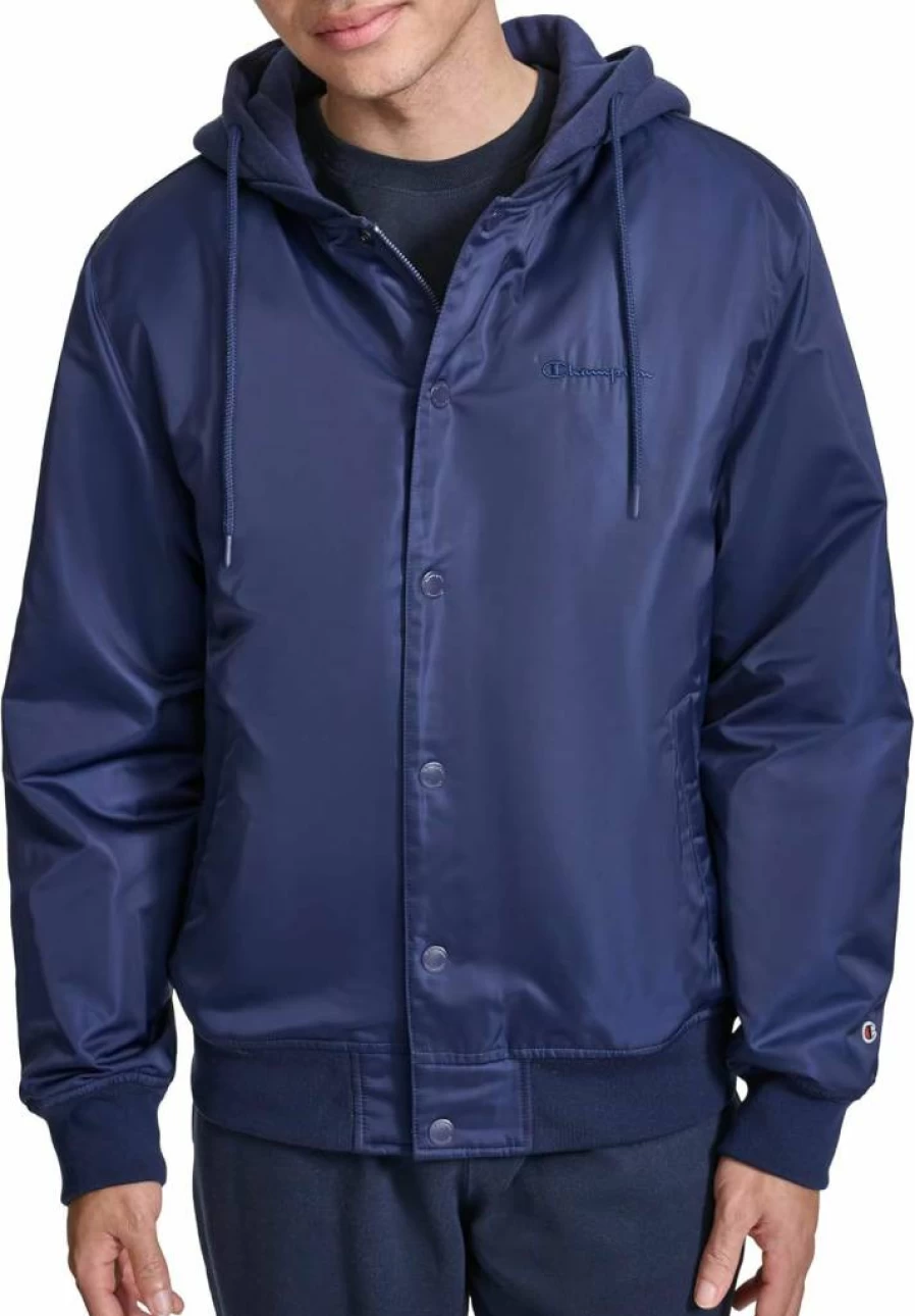 Champion Men's Quilted Lining Hooded Bomber Jacket - Varsity Style Warm Coat