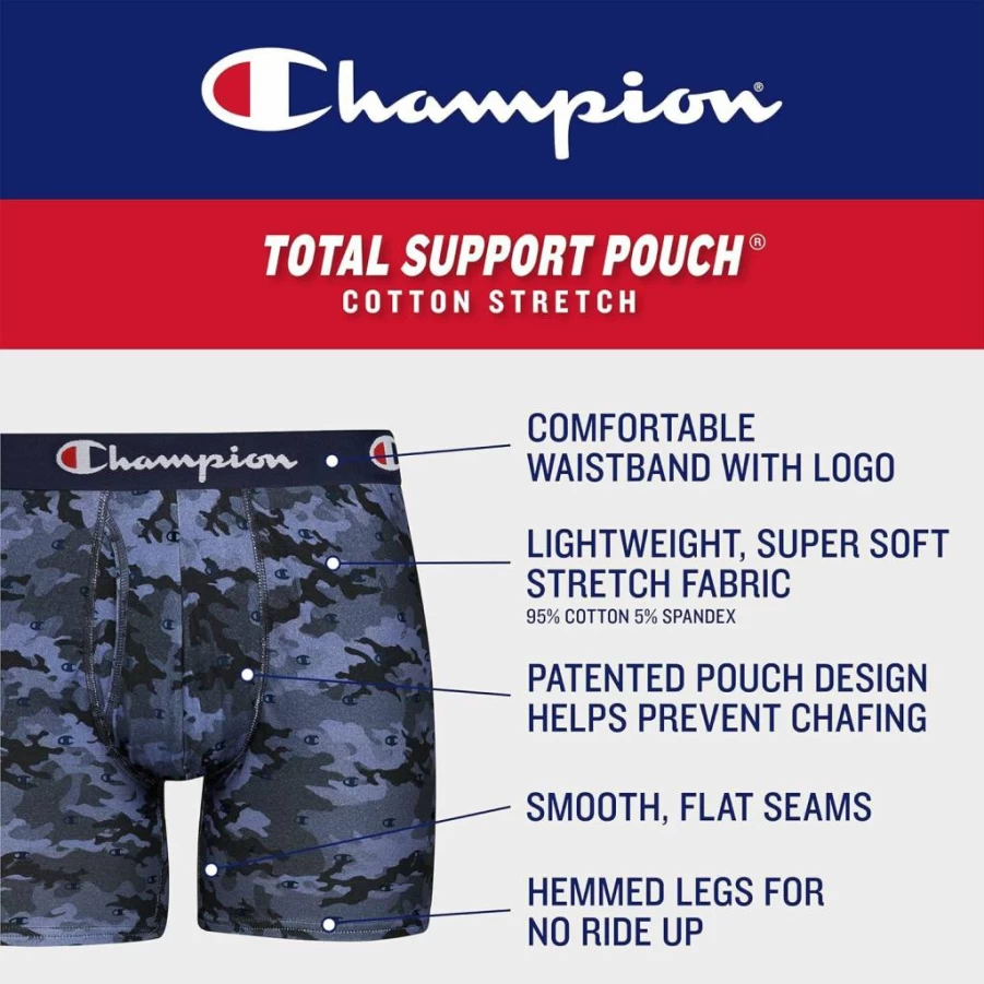 Champion Men's Cotton Stretch Boxer Briefs with Support Pouch - 3-Pack Comfort Underwear