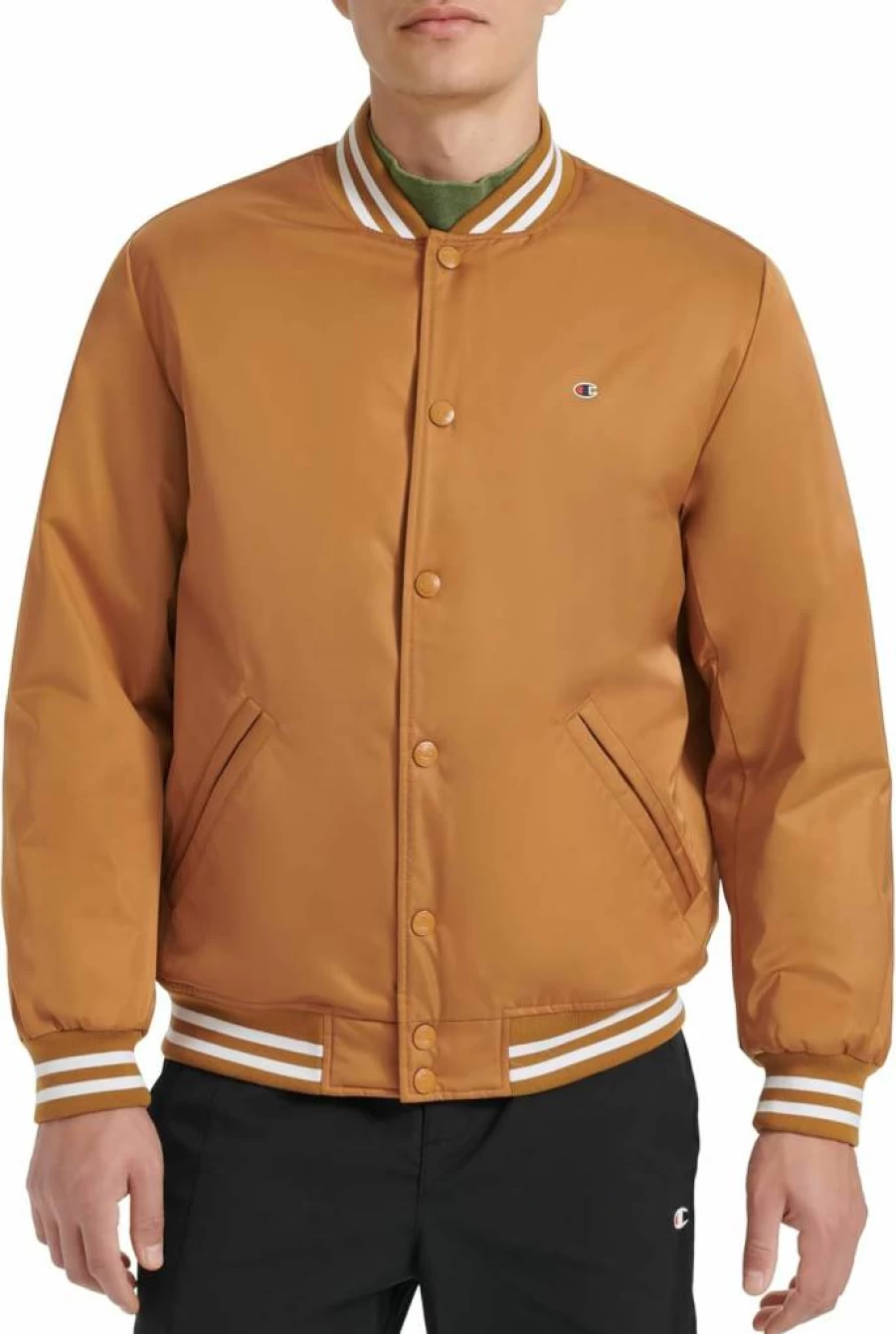 Champion Men's Vintage Logo Striped Varsity Jacket - Classic Athletic Style