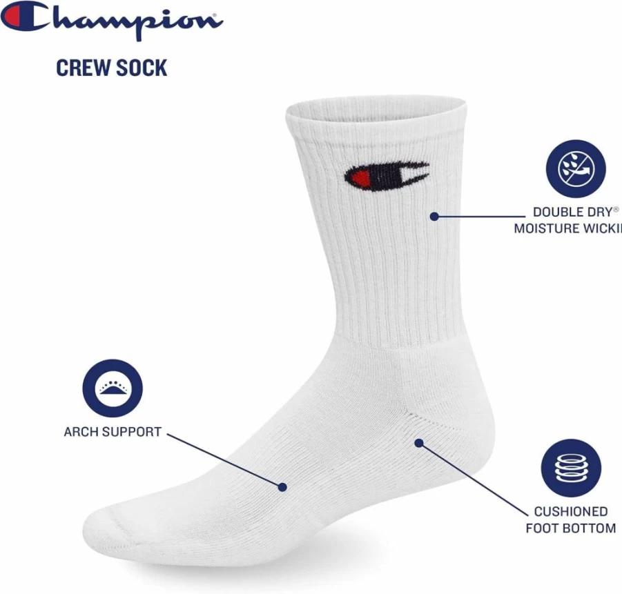Champion Men's Moisture-Wicking Crew Socks Multipack - 6, 8, 12 Pairs for Breathable Comfort & Durability