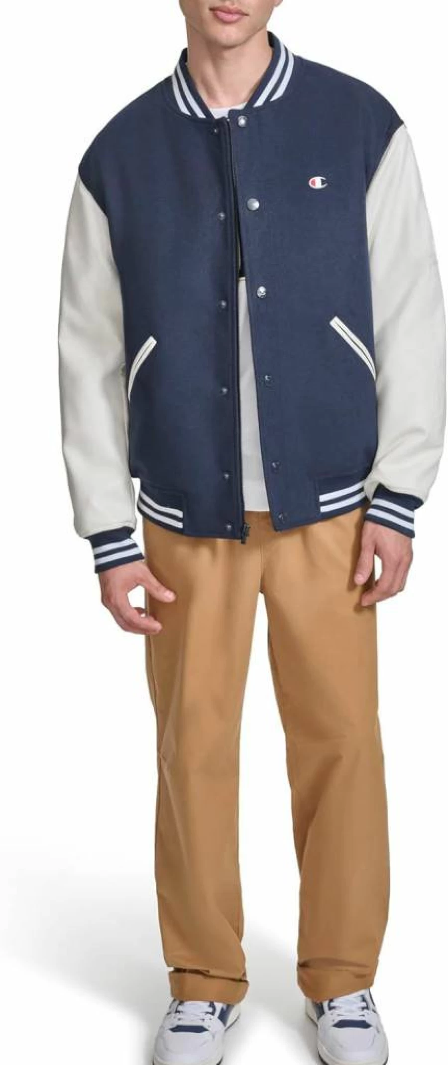 Champion Men's Vintage Letterman Varsity Bomber Jacket - Quilted Lining & Embroidered Sleeves - Retro Athletic Style