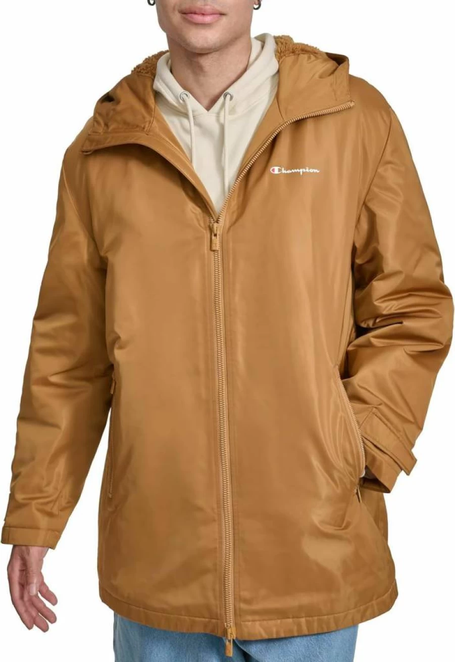 Champion Men's Hooded Sherpa-Lined Mid-Length Sideline Jacket - Warm Fleece-Lined Winter Coat